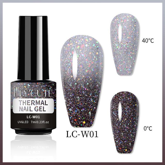 Color Changing Thermal Gel nail polish in a black bottle, glitter finish, shifting from silver to dark at 0–40°C
