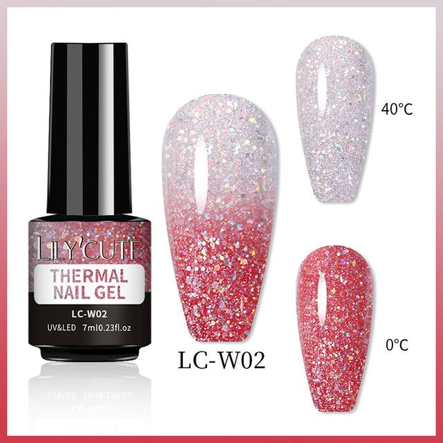 Color Changing Thermal Gel nail polish bottle with red and silver glitter that shifts at 0°C and 40°C