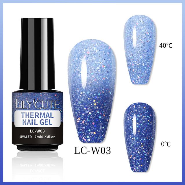 Color Changing Thermal Gel nail polish in a black bottle, blue glitter finish shifting from pale at 40°C to dark at 0°C
