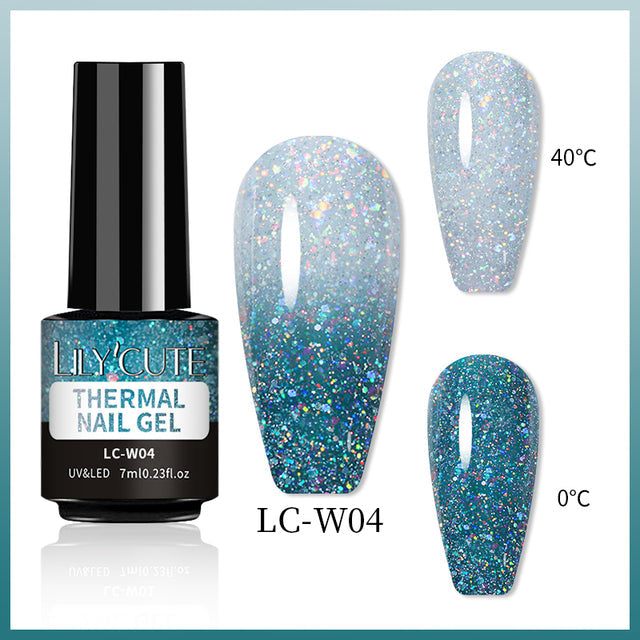 Color Changing Thermal Gel nail polish in a black bottle, blue glitter finish with heat-reactive color shift from pale to deep teal