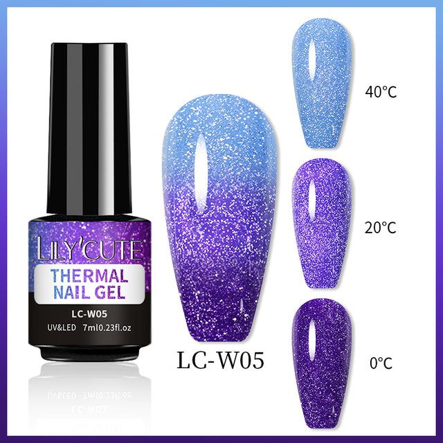 Color Changing Thermal Gel nail polish in a black bottle, with blue-to-purple glitter thermal color-shifting swatches