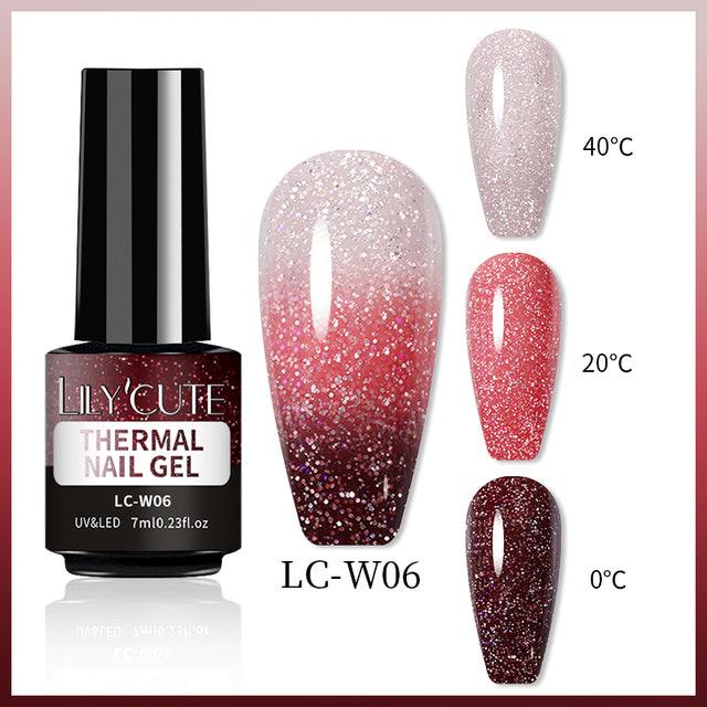Color Changing Thermal Gel nail polish in a black bottle, featuring sparkling glitter that shifts from pale pink to red and burgundy with temperature