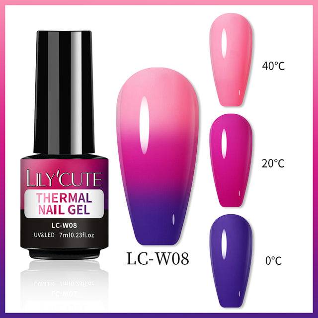 Color Changing Thermal Gel nail polish bottle with glossy pink-to-purple thermal gradient swatches and 0–40°C indicators
