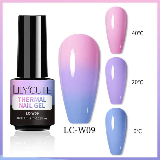 Color Changing Thermal Gel nail polish in a black bottle, showing glossy pink-to-purple-to-blue thermal shades at temperatures