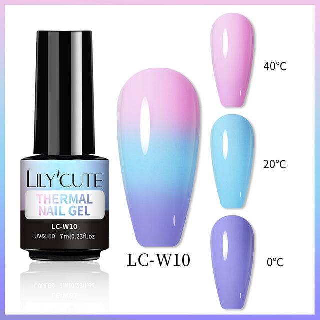 Color Changing Thermal Gel nail polish in a black bottle, showing a pink-to-blue-to-purple temperature-changing gradient swatch婷婷五月