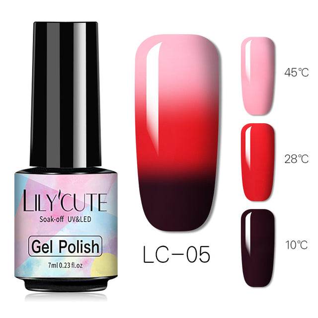 Color Changing Thermal Gel nail polish in a 7ml bottle, glossy thermal gradient from pink to red and deep burgundy hues