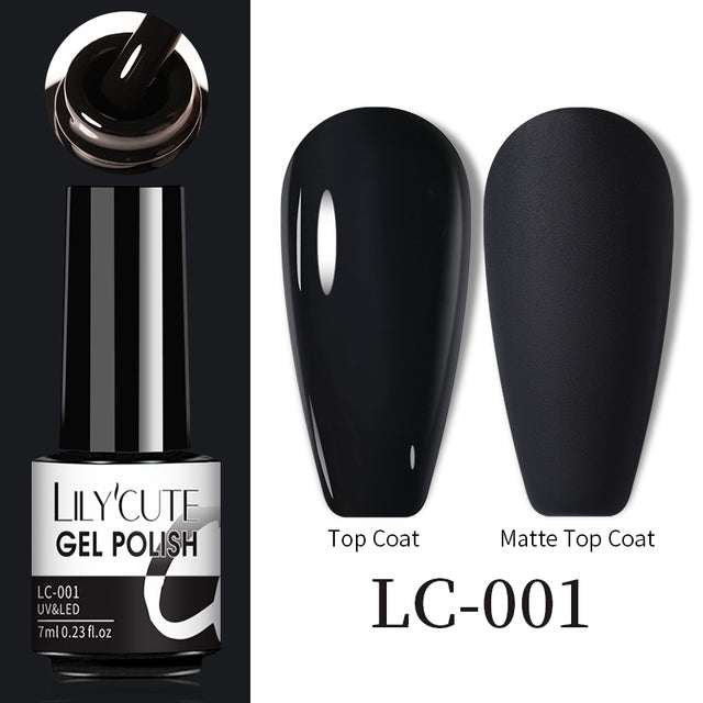 Gel nail polish bottle in black with glossy and matte top coat swatches, labeled LC-001 Color Changing Thermal Gel

