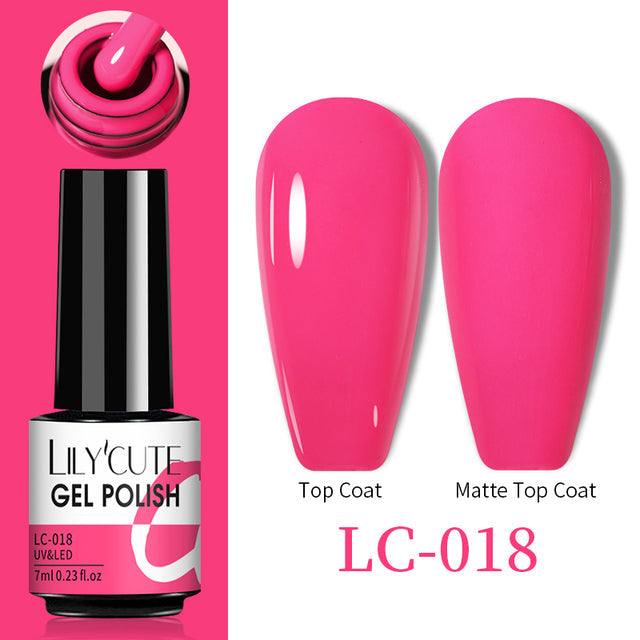 Gel nail polish bottle in bright pink, Color Changing Thermal Gel with glossy and matte swatch finishes, LC-018 shade
