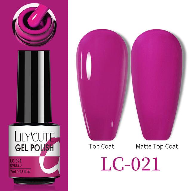 Color Changing Thermal Gel polish in vivid magenta, glossy gel formula with matching matte swatches, shade LC-021