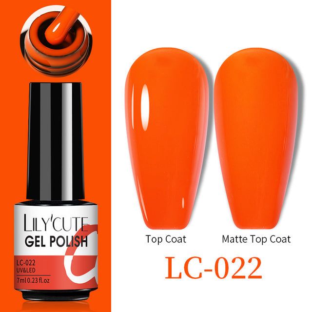 Color Changing Thermal Gel nail polish in vibrant orange, 7ml bottle with glossy and matte finish samples shown