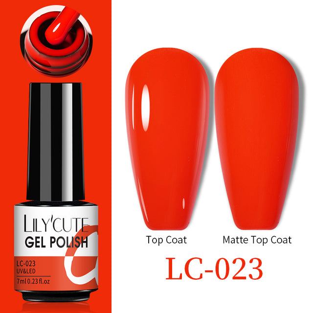 Color Changing Thermal Gel nail polish in vivid red, 7ml bottle with glossy and matte top coat swatches, LC-023