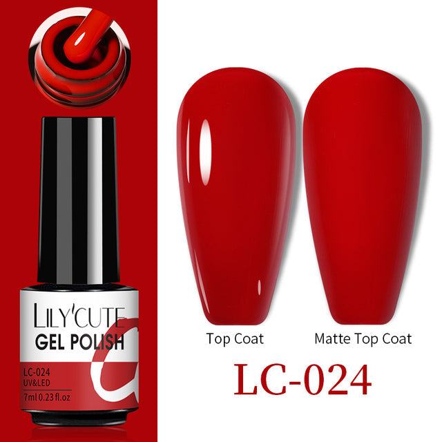 Gel nail polish in glossy red, featuring Color Changing Thermal Gel formula and matching matte finish swatches, LC-024.