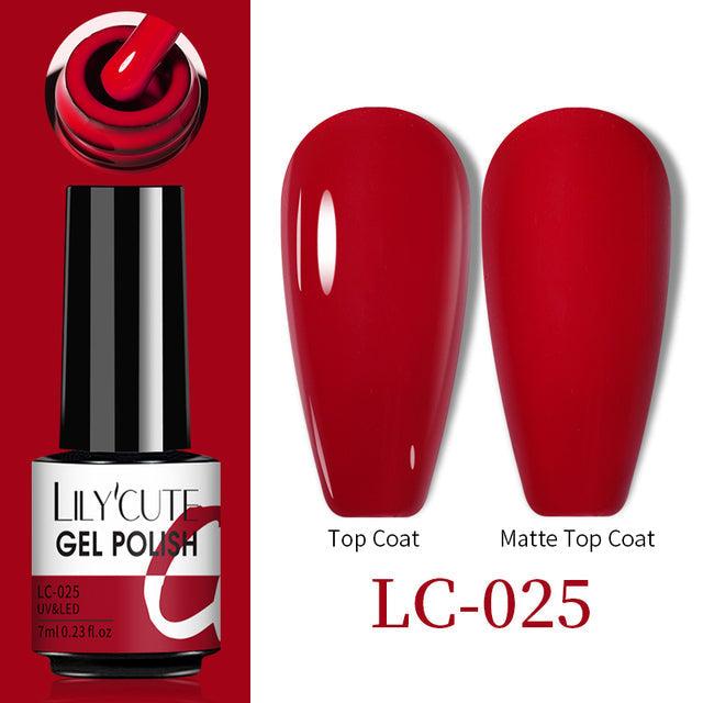 Gel nail polish in glossy red with matte finish options, Color Changing Thermal Gel bottle labeled LC-025 and 7ml size