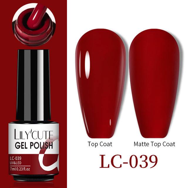Gel nail polish in deep red, glossy and matte swatches shown, 7ml bottle with brush and LC-039 label; Color Changing Thermal Gel