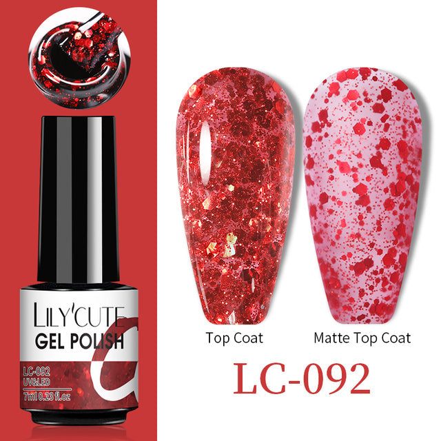 Gel nail polish, Color Changing Thermal Gel in red glitter with glossy and matte top coat finishes shown samples, LC-092