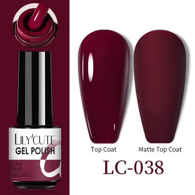 Color Changing Thermal Gel nail polish in deep burgundy, shown with glossy and matte top coat finishes, 7ml bottle