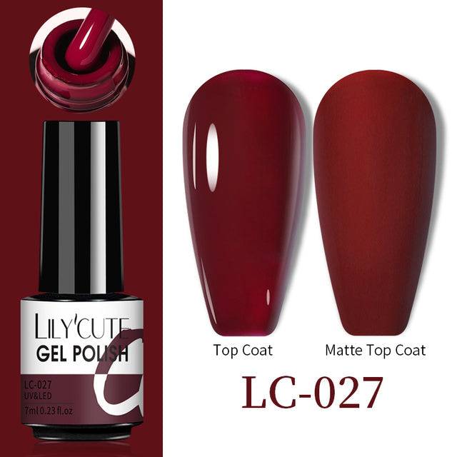 Color Changing Thermal Gel nail polish in deep burgundy, glossy gel finish with matching matte top coat swatches, LC-027