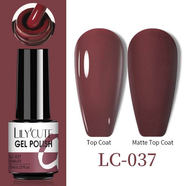 Gel nail polish bottle in burgundy with glossy and matte swatches, Color Changing Thermal Gel LC-037 7ml