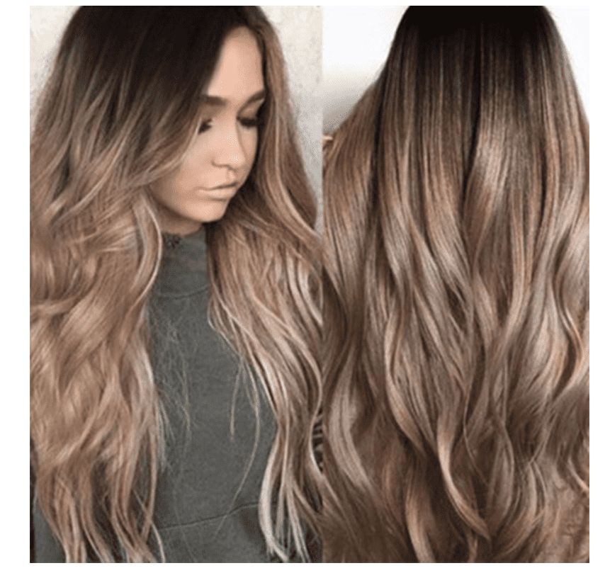 Long curly wig in Korean Silk Gradient brown tones, with layered waves and lighter face-framing highlights