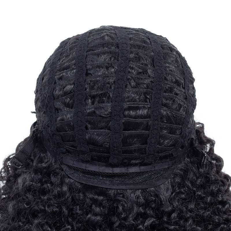 Korean Silk Gradient long curly hair wig in black synthetic material with a breathable open-weft cap structure