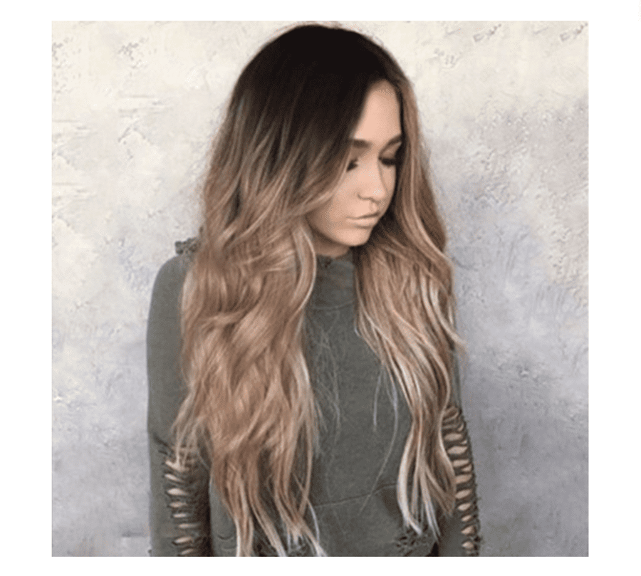 Korean Silk Gradient long wavy hair wig in dark brown and caramel tones with a center parting
