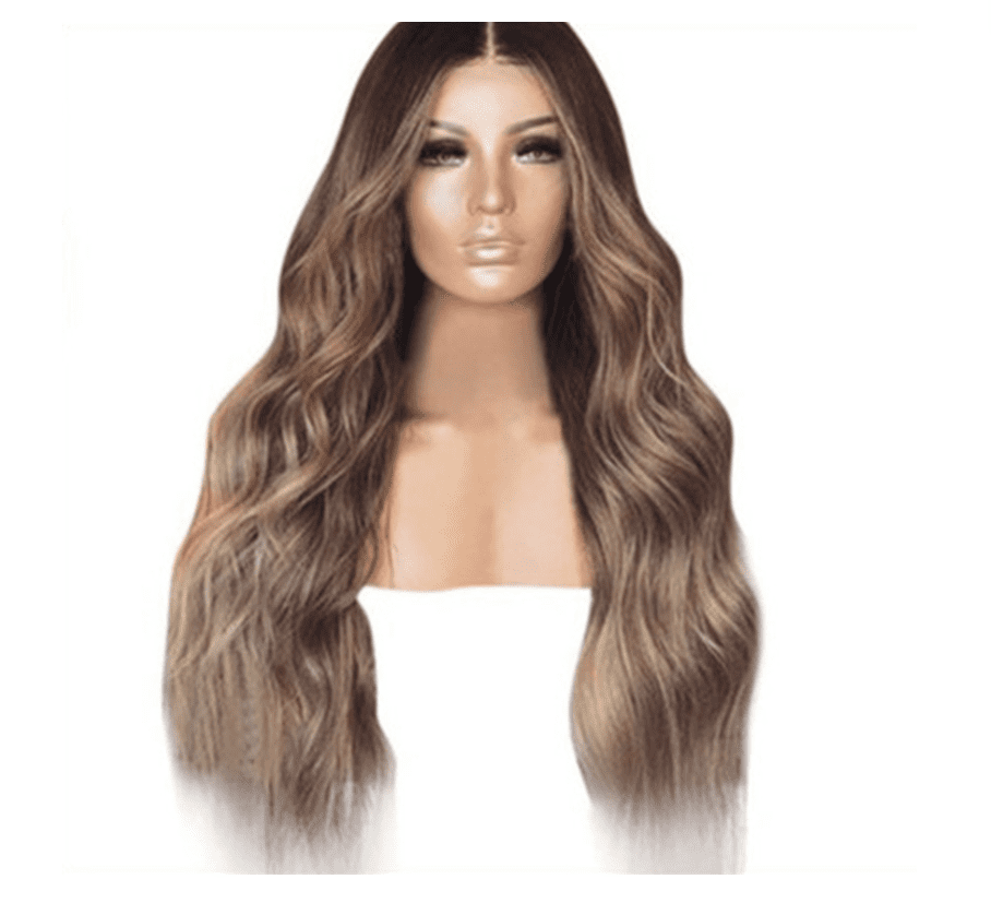 Long curly hair wig in brown Korean Silk Gradient, with a center part and voluminous cascading waves