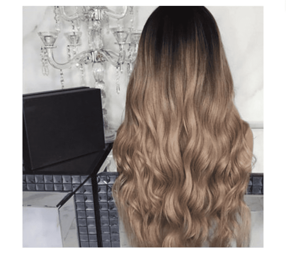 Korean Silk Gradient wig with long, wavy curls in dark brown fading to warm light brown, silky finish