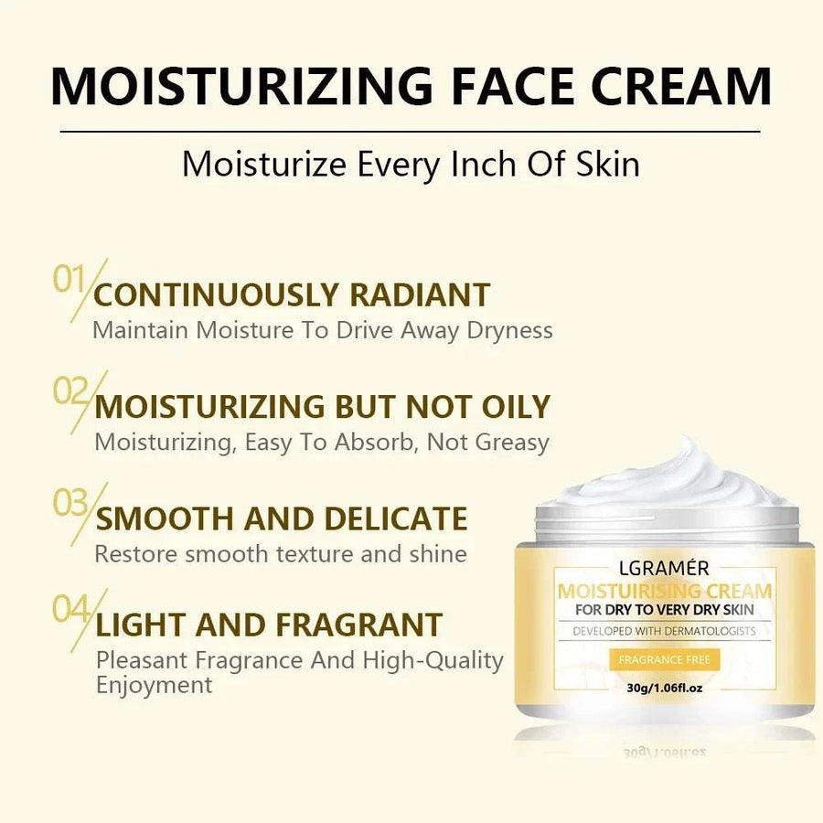 LGRAMER Hydrating Face Cream in a yellow jar with white cream, labeled moisturizing and fragrance-free 30g