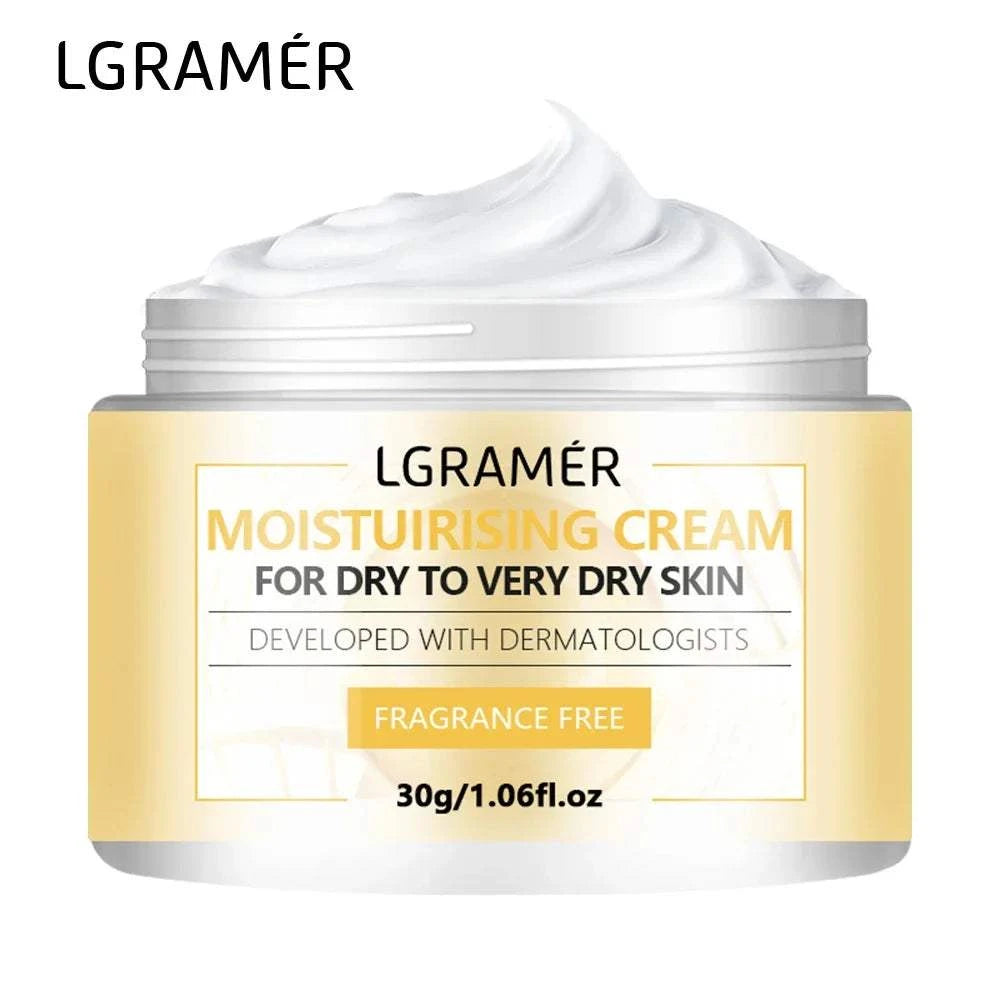 LGRAMER Hydrating Face Cream, yellow jar with white cream, fragrance-free moisturising formula for dry skin, 30g