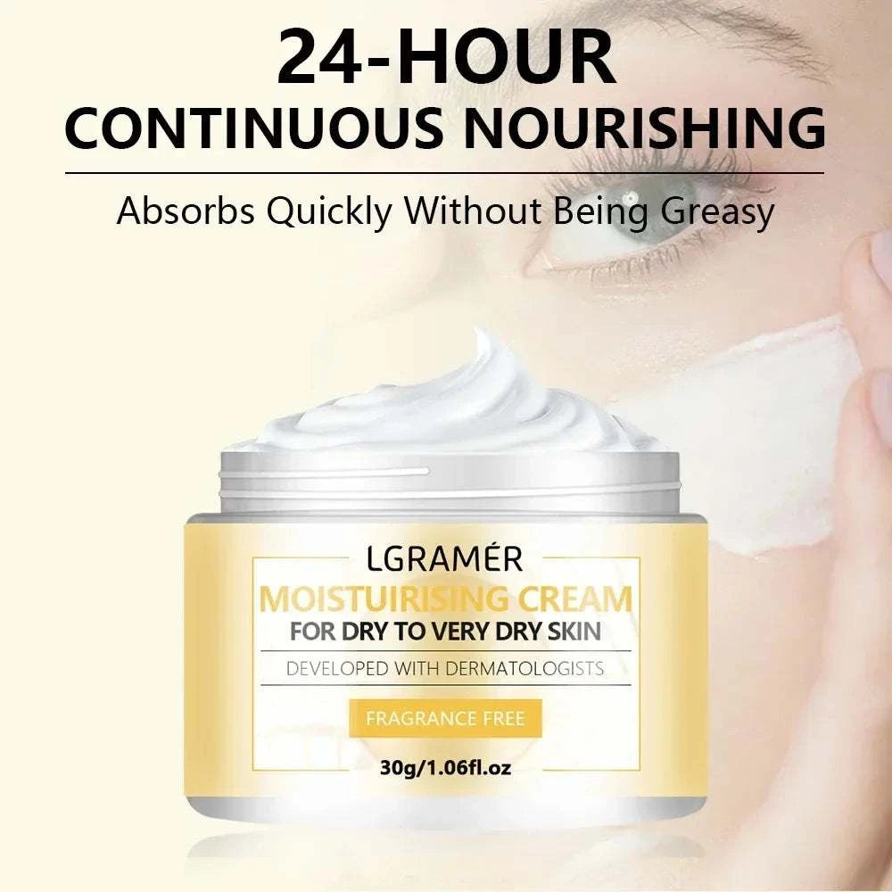 LGRAMER Hydrating Face Cream in a gold jar, white whipped cream texture, fragrance-free 30g formula