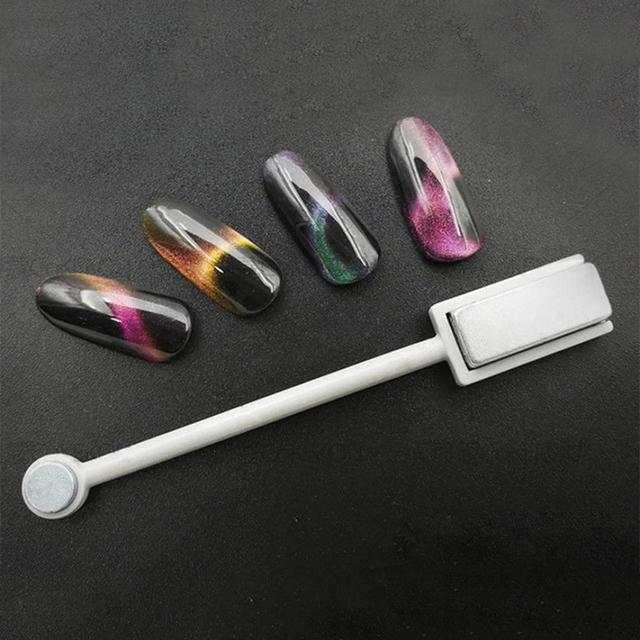 Magnetic Nail Polish with glossy black holographic chameleon finishes in pink, green, purple and gold tones