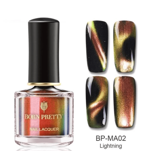 Magnetic Nail Polish in a clear bottle with black cap, copper-green chameleon shimmer and lightning nail effects