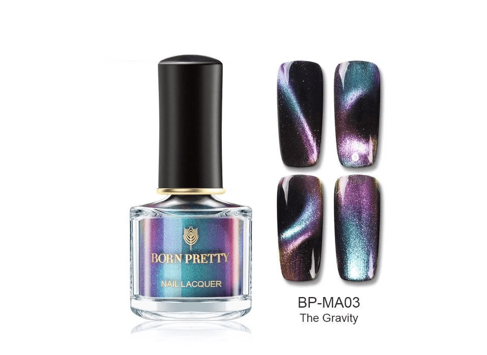 Magnetic Nail Polish in a clear bottle, holographic chameleon shimmer with black cap and gravity effect swatches