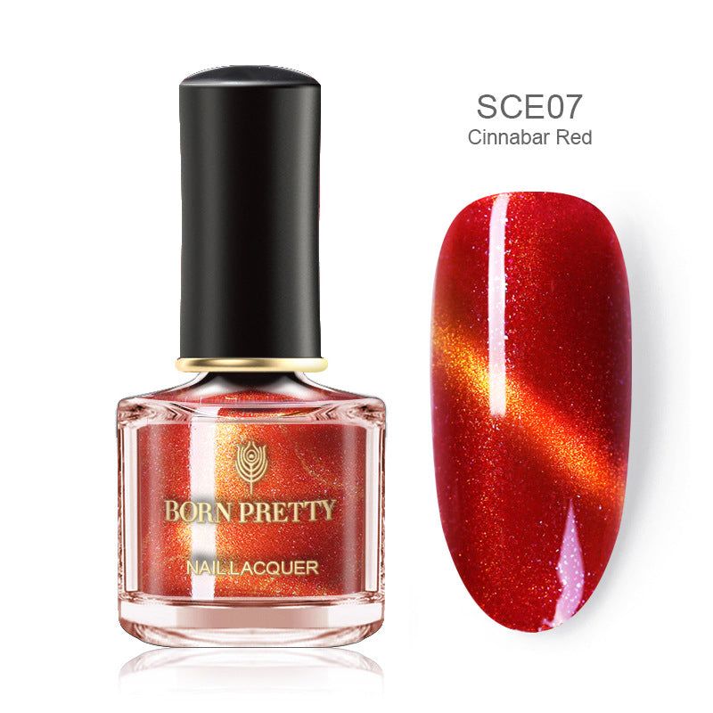 Magnetic Nail Polish in cinnabar red with holographic shimmer and a distinctive orange cat-eye effect

