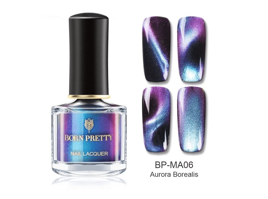 Magnetic Nail Polish in a clear bottle with black cap, holographic blue-purple chameleon finish and Aurora Borealis swatches