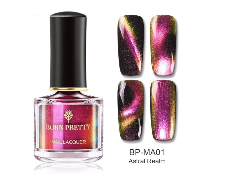 Magnetic Nail Polish in a clear bottle, showing pink, gold and purple holographic chameleon shimmer with brush cap
