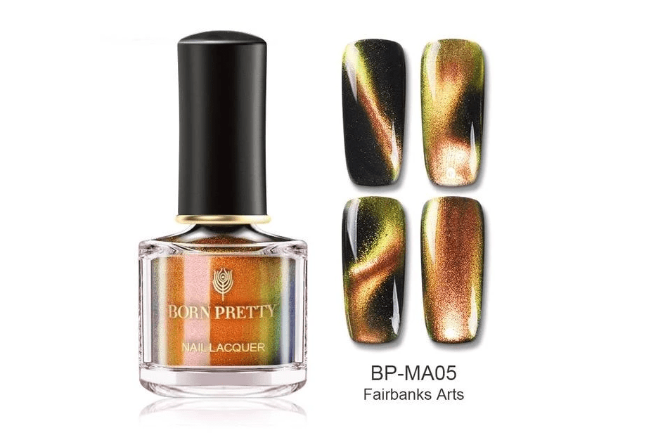 Magnetic Nail Polish in a clear bottle, featuring black, gold and copper chameleon holographic shimmer effects