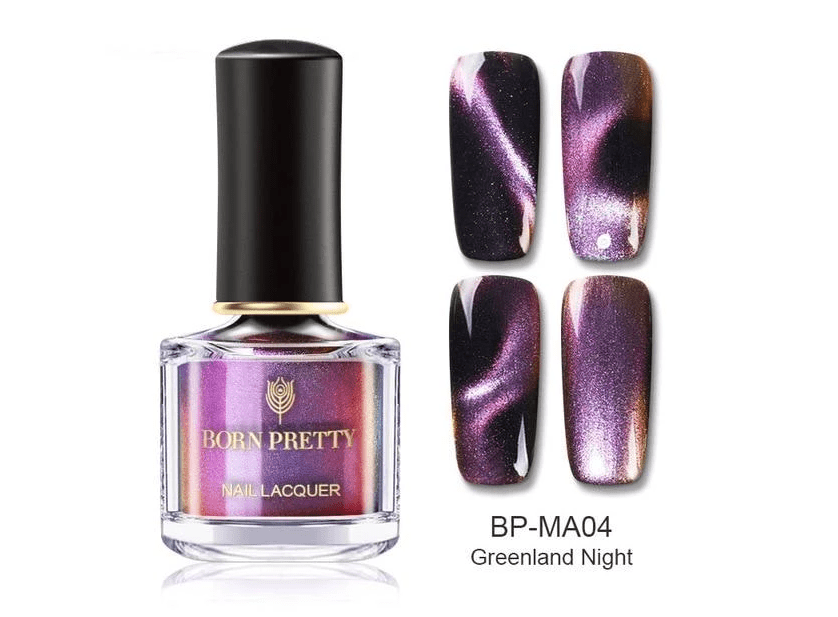 Magnetic Nail Polish in a clear bottle, featuring purple holographic shimmer and chameleon 3D effects
