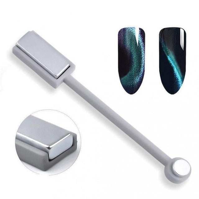 Magnetic Nail Polish tool with silver metal rectangular magnet and handle, shown creating blue-green 3D nail effects