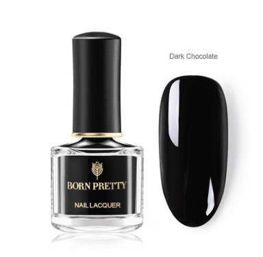 Magnetic Nail Polish in a clear glass bottle with black cap, shown in dark chocolate black on a nail sample