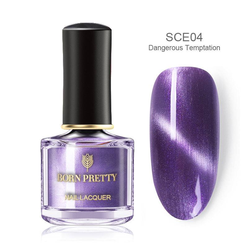 Magnetic Nail Polish in a clear bottle, shimmering purple holographic chameleon finish with 3D cat-eye effect vial sample