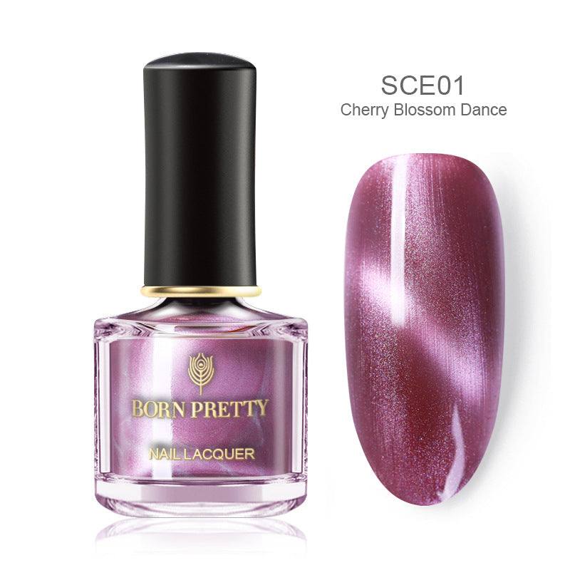 Magnetic Nail Polish in shimmering pink-purple metallic lacquer, shown in a BORN PRETTY bottle with nail swatch
