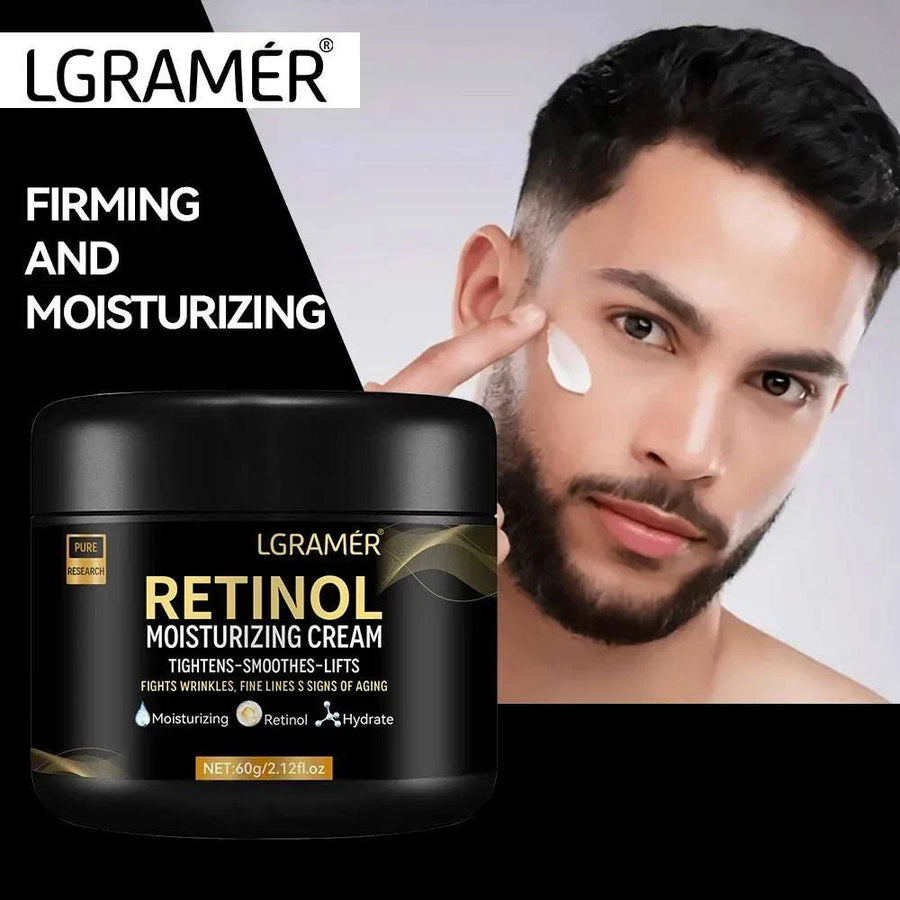 Men's Retinol Cream in a black jar with gold lettering, firming and moisturizing formula shown on label