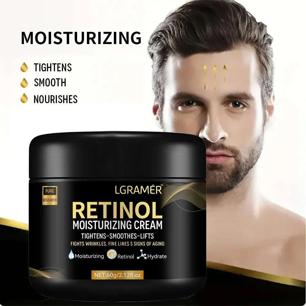Men's Retinol Cream in a black jar, featuring gold lettering and a moisturizing retinol formula label