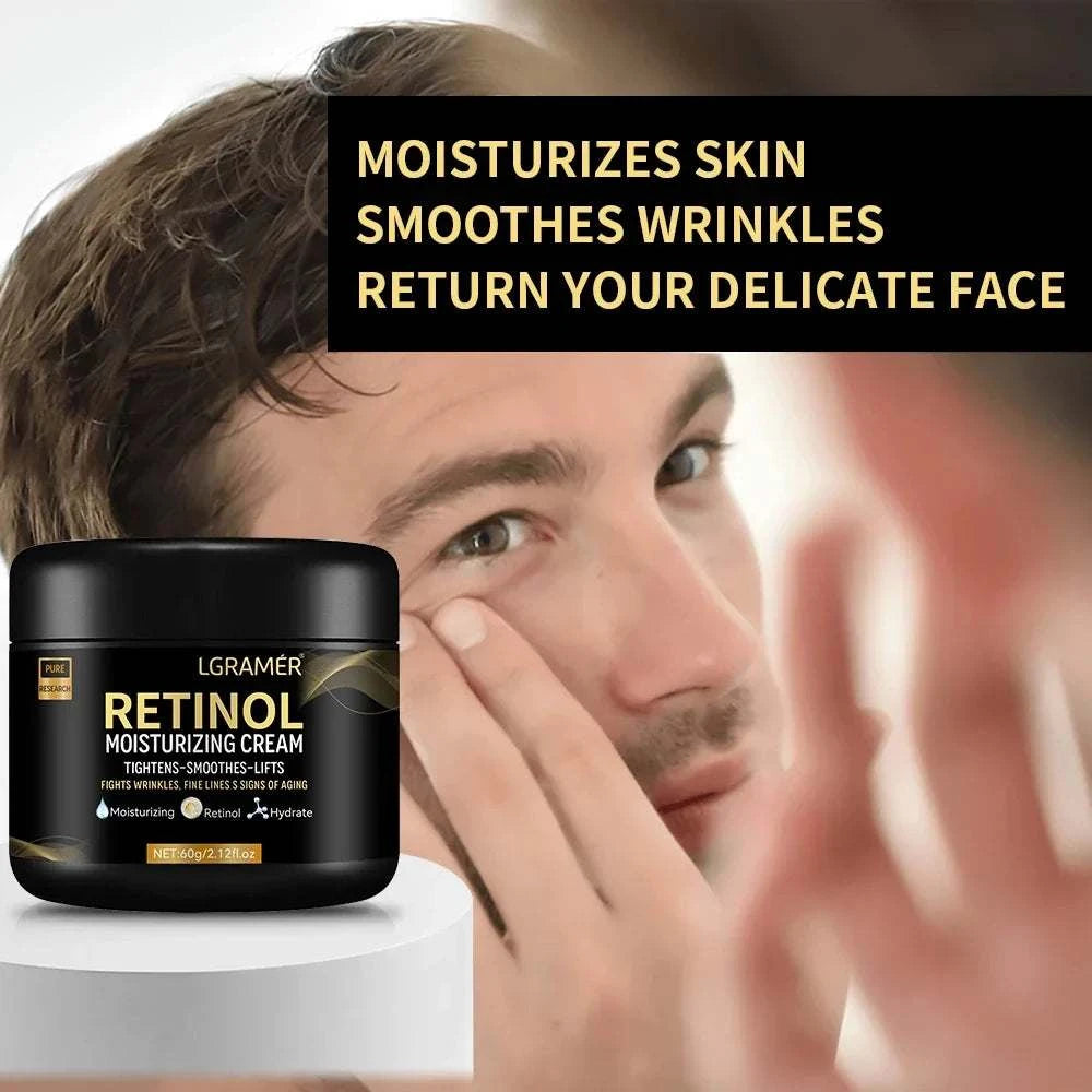 Men's Retinol Cream in a black jar, labeled LGRAMER Retinol Moisturizing Cream with gold lettering