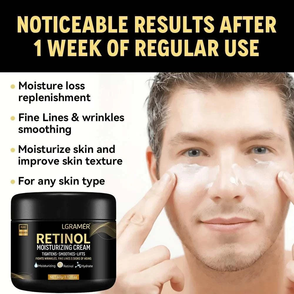 Men's Retinol Cream in a black jar with gold lettering, shown as a moisturizing facial skincare product