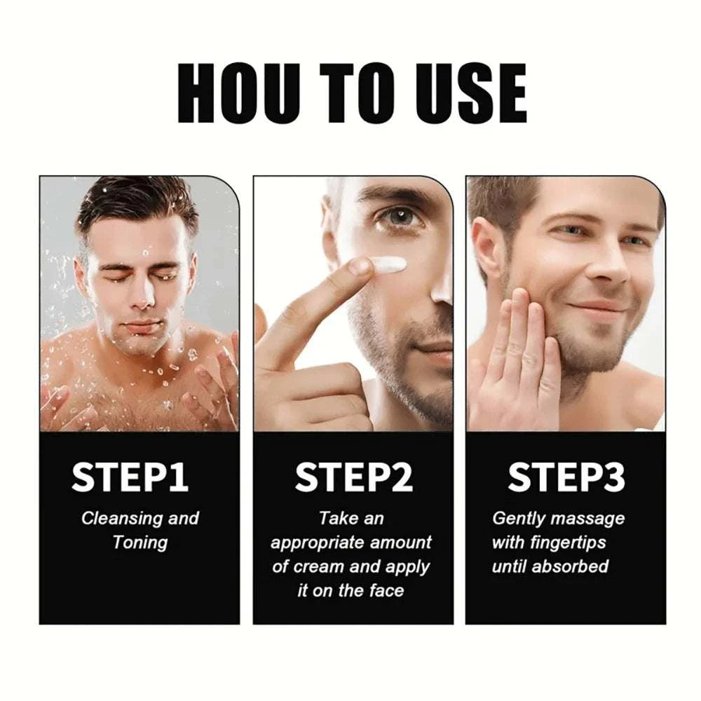 Men's Retinol Cream usage guide showing cleansing, fingertip application, and gentle massage into facial skin