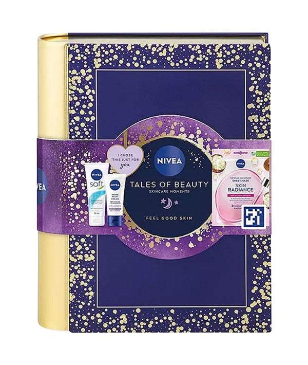Nivea Tales Of Beauty skincare gift set in purple and gold packaging, with nourishing skincare products inside
