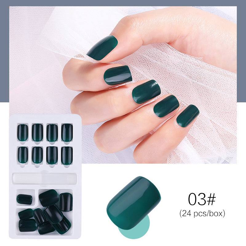 Reusable Stick-On-Nails in glossy dark green acrylic, with rounded square tips and 24 pieces per box