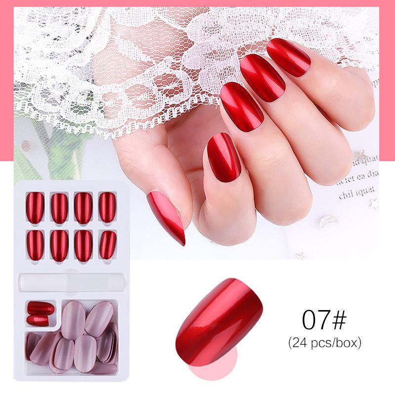 Reusable Stick-On-Nails in glossy metallic red acrylic, featuring a long almond shape and 24-piece set with adhesive tabs